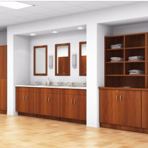 Commercial Locker & Vanity Storage System with Open Shelving – Premium Wood Finish