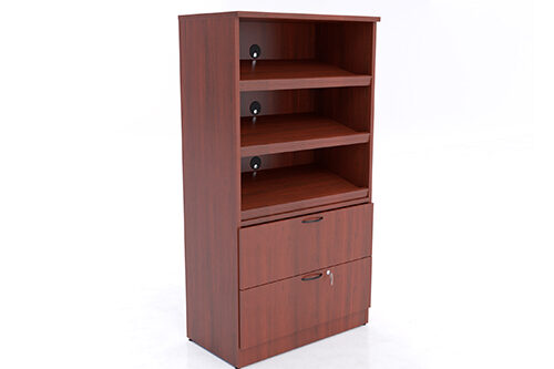 Modern Office Storage Cabinet with Open Shelves & Lockable Drawers – Wood Finish Organizer